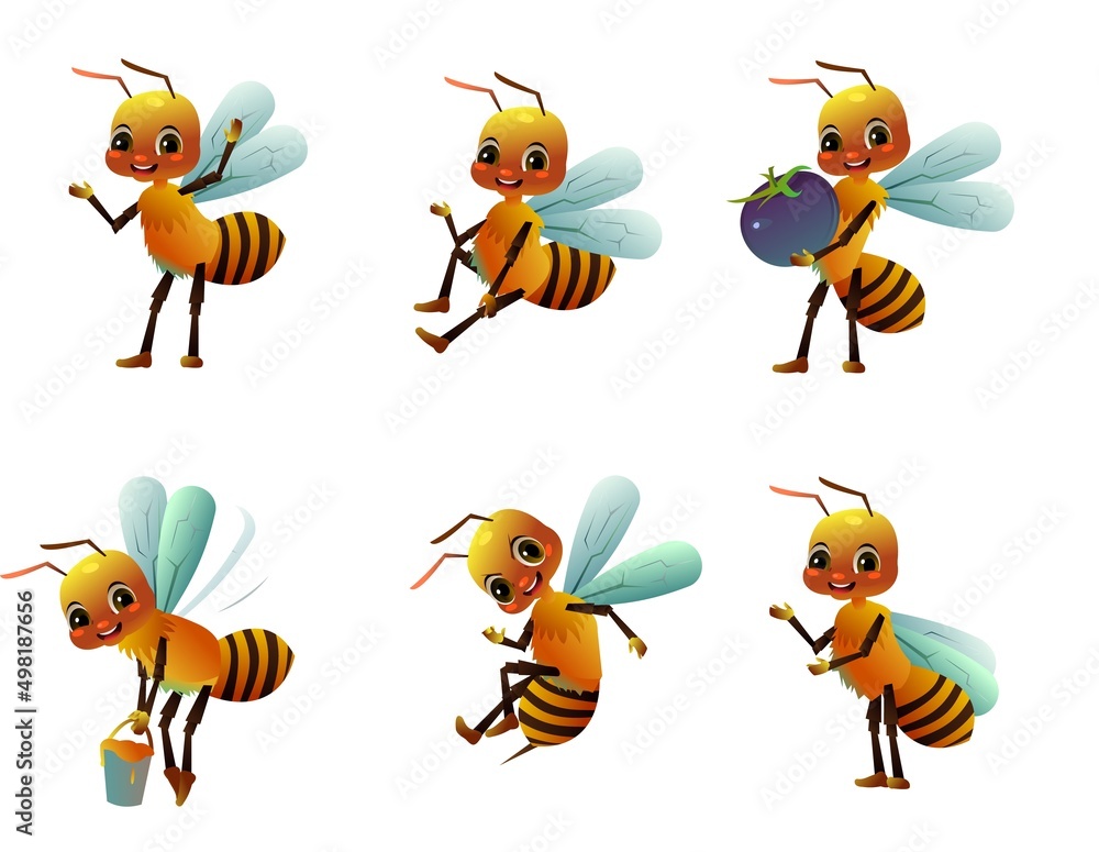 Set of Happy bee. Wildlife object. Little funny insect. Cute cartoon style. Isolated on white background. Vector