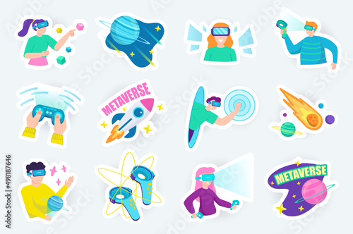 Metaverse cute stickers set in flat cartoon design. Bundle of man and woman in VR headset, joystick, gaming, rocket, space, controller and other. Vector illustration for planner or organizer template