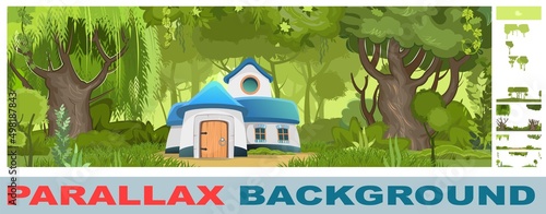 Fabulous funny house in clearing. Set for parallax effect. Forest meadow landscape. Garden. Willow. Dwelling of gnome. Beautiful cartoon illustration. Cute baby picture. Vector