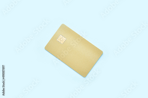 Plastic credit card mockup. Color blue and gold background. Atm empty debit payment. Currency shopping with stripe