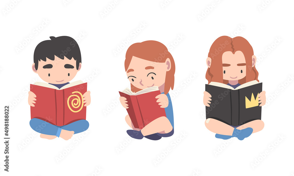 Set of cute little children reading books. Kids sitting on floor holding open books cartoon vector illustration Set of cute little children reading books. Kids sitting on floor holding open books cartoon vector illustration