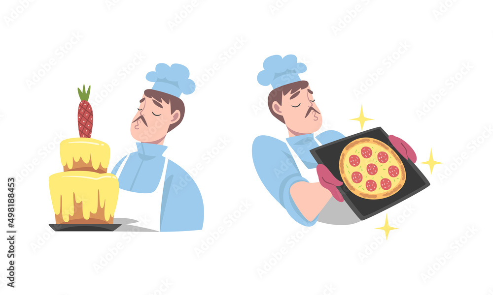 Cook chef in uniform cooking pizza and baking cake set cartoon vector illustration Cook chef in uniform cooking pizza and baking cake set cartoon vector illustration