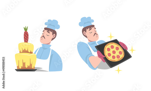 Cook chef in uniform cooking pizza and baking cake set cartoon vector illustration