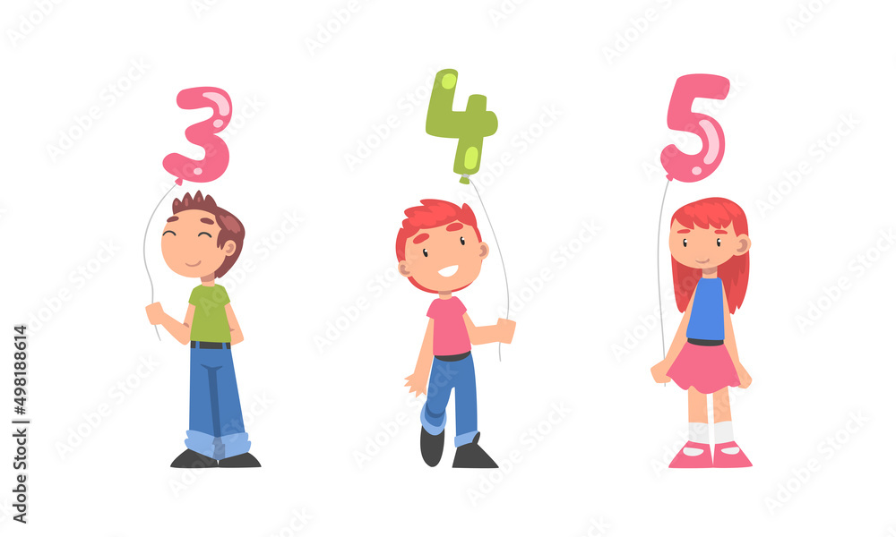 Cute funny boy and girl holding 3,4,5 number shaped balloons on rope cartoon vector illustration Cute funny boy and girl holding 3,4,5 number shaped balloons on rope cartoon vector illustration