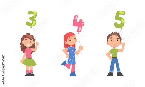 Funny happy boy and girl holding 3 4 5 balloon numbers on rope cartoon vector illustration