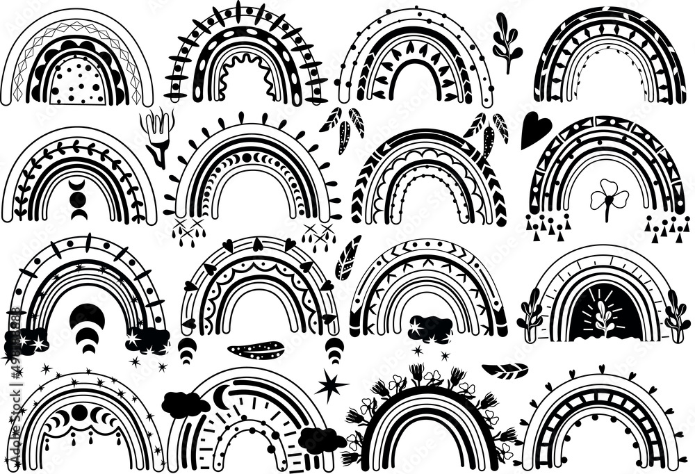 Collection black and white boho rainbows with hearts, flowers, leaves, cloud on white background. Scandinavian style. Vector illustration. Collection black and white boho rainbows with hearts, flowers, leaves, cloud on white background. Scandinavian style. Vector illustration.