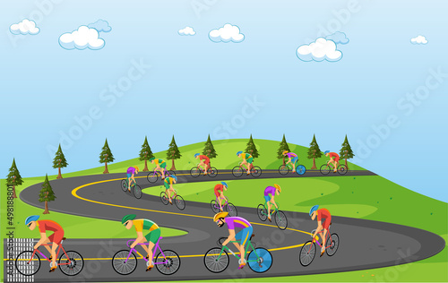 Cycling competition, cyclist athletes riding a race at high speed on the road. Flat vector illustration
