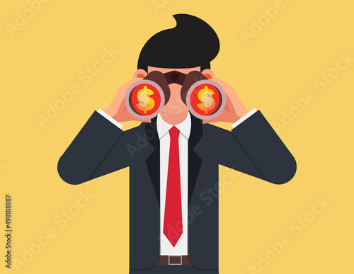 Looking for investment opportunity. businessman investor look through binoculars to see money dollar sign, searching for yield