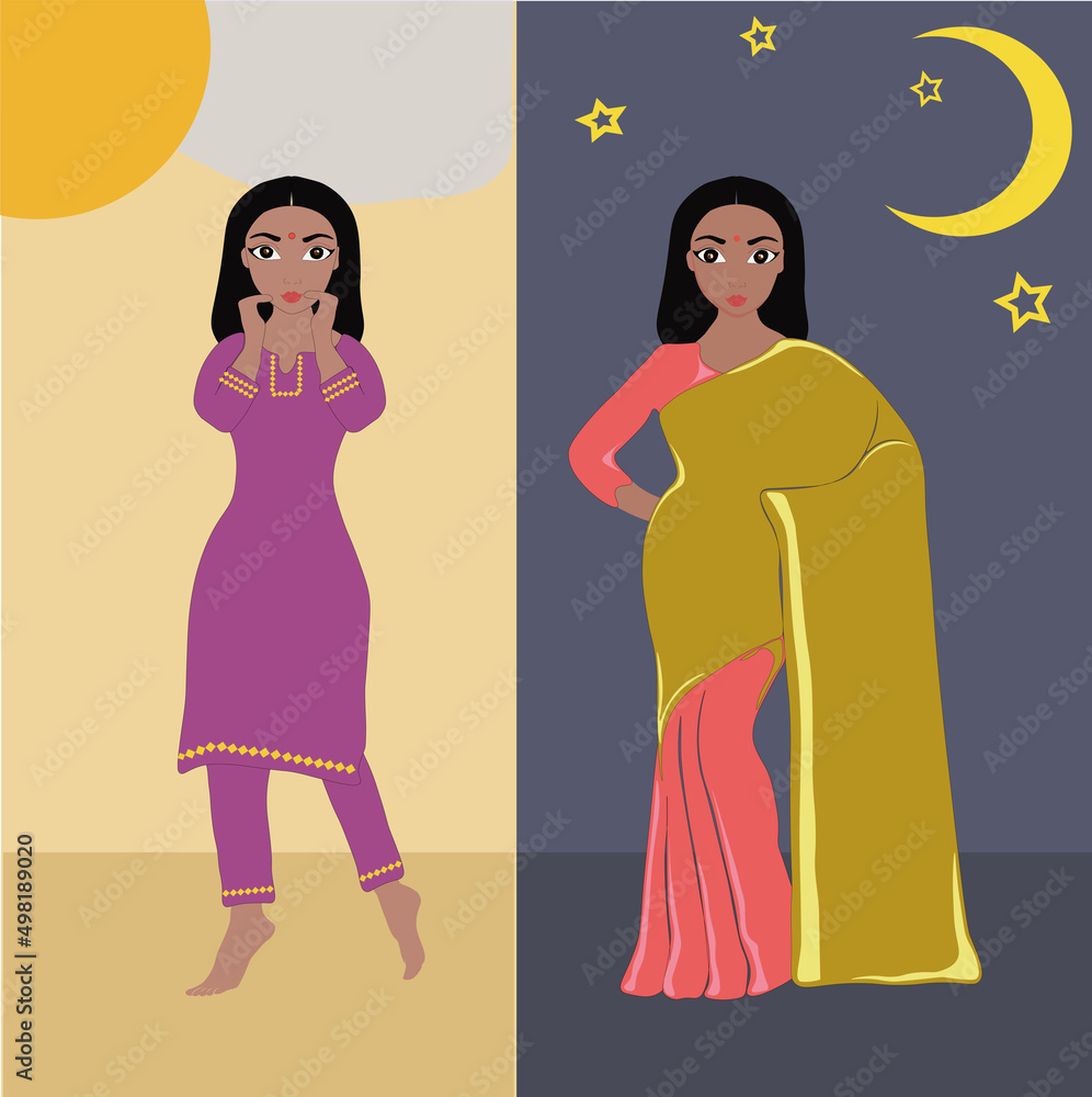hindu woman traditional costume day night