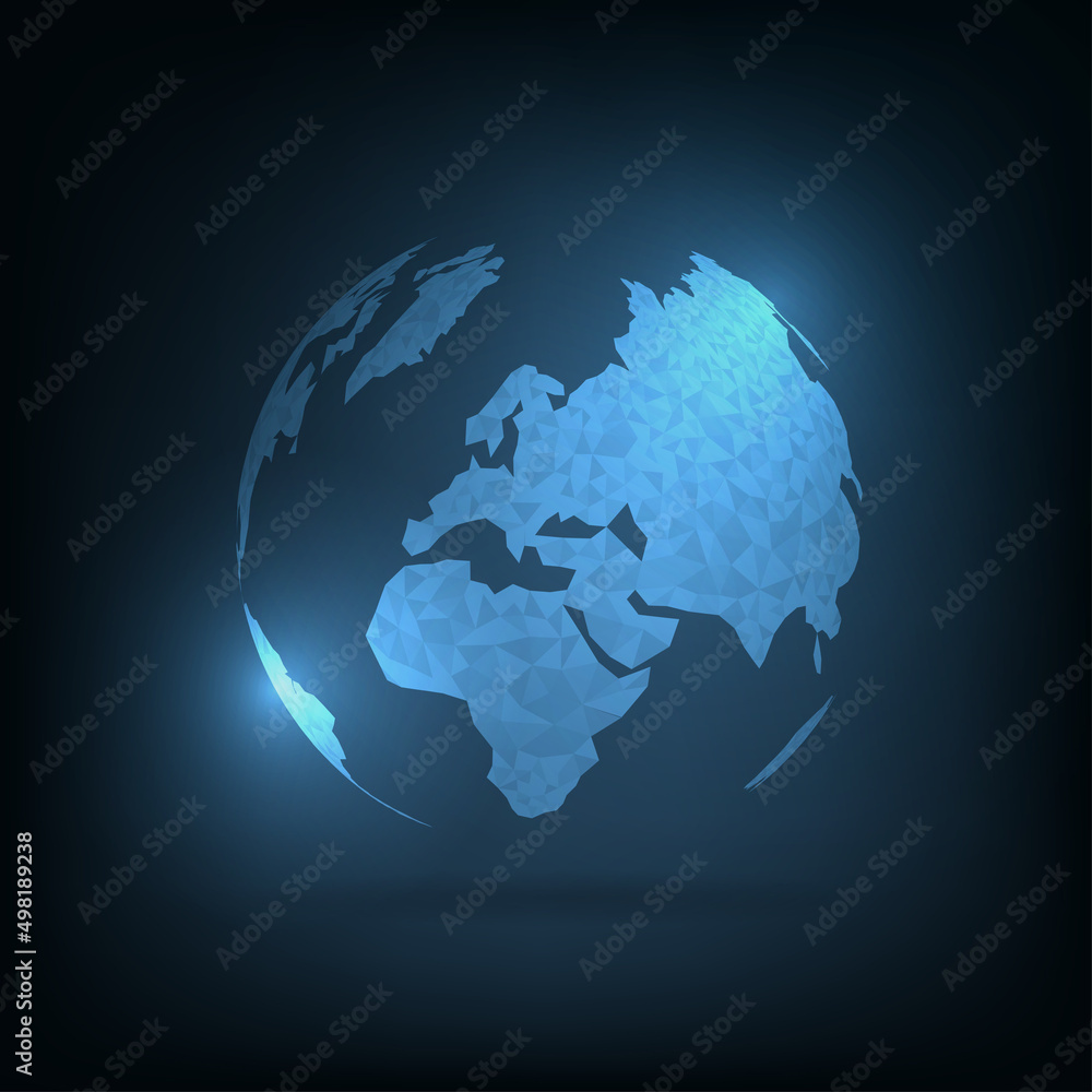 Obraz premium Global geography in polygonal pattern. 3D World Maps on dark blue background.
