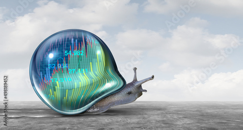 Photos Sluggish Business and slow economic market growth and stalled stock market progress as a symbol for corporate problems to be quick as a financial fail concept with a snail