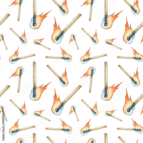 Watercolor illustration pattern of a burning match abstract. Get the flame. Light the fire. Burnt wooden stick. Hand drawn doodles. Isolated on white background. Drawn by hand.