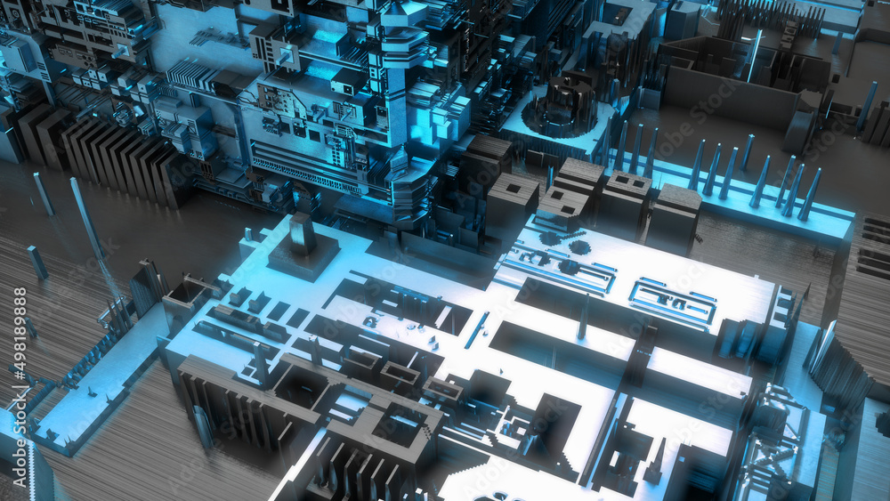 Circuit board with microchips, processors and other hi-tech parts. Futuristic technology. Circuit board micro structure cyberspace. 3d sci fi background. 3d render. Blue glow.