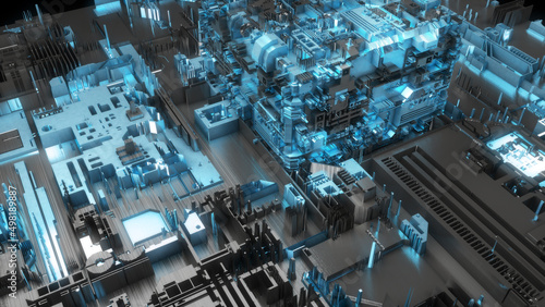 Circuit board with microchips  processors and other hi-tech parts. Futuristic technology. Circuit board micro structure cyberspace. 3d sci fi background. 3d render. Blue glow.