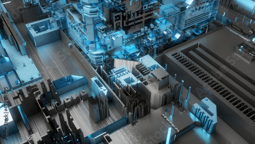 Circuit board with microchips, processors and other hi-tech parts. Futuristic technology. Circuit board micro structure cyberspace. 3d sci fi background. 3d render. Blue glow.