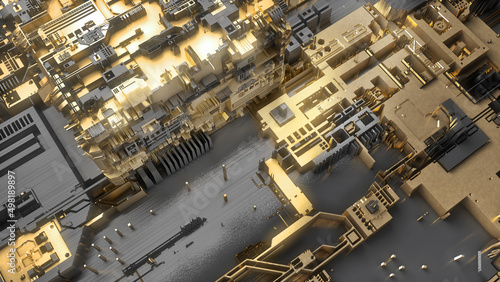 Circuit board with microchips, processors and other hi-tech parts. Futuristic technology. Circuit board micro structure cyberspace. 3d sci fi background. 3d render. Gloden metal.