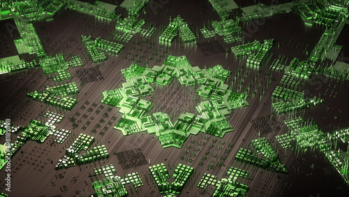 Circuit board with microchips, processors and other hi-tech parts. Futuristic technology. Circuit board micro structure cyberspace. 3d sci fi background. 3d render. 3d illustration.