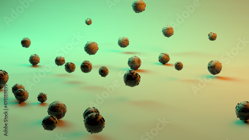 3d illustration; a group of spheres that look like a Sci-Fi element, a planet, or some kind of bomb. Sfere Extruded or Displacement, deformed shape.