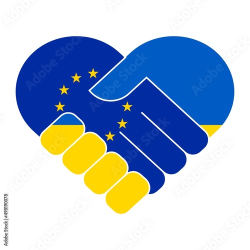 Handshake symbol in the colors of the national flags of EU and Ukraine, forming a heart. The concept of peace, friendship.