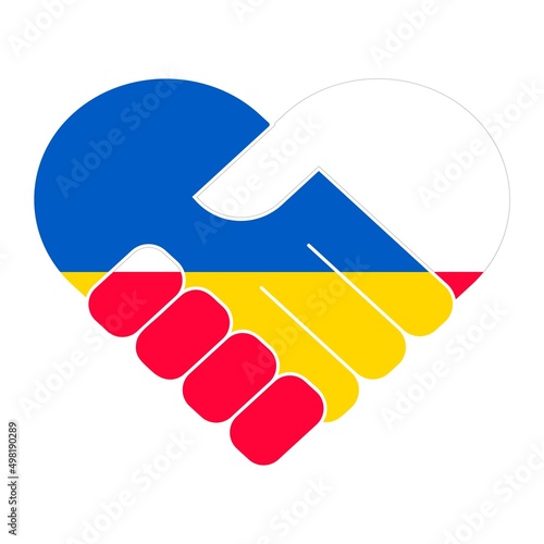 Handshake symbol in the colors of the national flags of Poland and Ukraine, forming a heart. The concept of peace, friendship.
