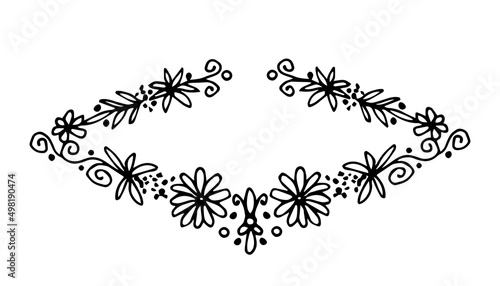 Simple hand-drawn vector drawing in black outline. Floral rhomboid frame, symmetrical ornament. For prints, postcards, invitations, product decoration. Chamomile flowers, curls, leaves.