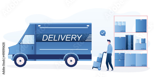 Fast delivery of goods to buyer. Warehouse, male worker loads boxes in truck. Worker pushes cart with parcels. Transportation, shipment concept. Modern delivery truck.