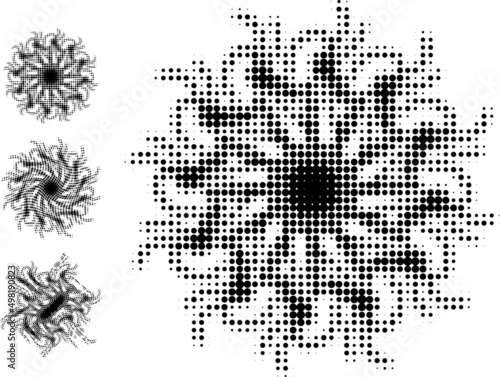 Vector set of dotted halftone mandala and its distortions. Solo use.