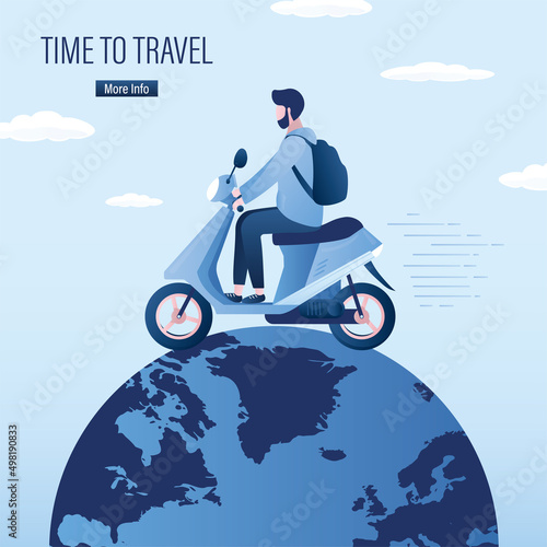 Time to travel. Tourist man drive motorbike. Worldwide, global travel. Man driver with backpack rides bike. Freedom, concept. World tourism. Transportation banner.