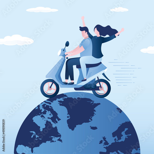 Time to travel. Tourists, love couple drive motorbike. Worldwide, global travel. Man driver and girl passenger ride bike. Freedom, concept. World tourism. Friends travel together.