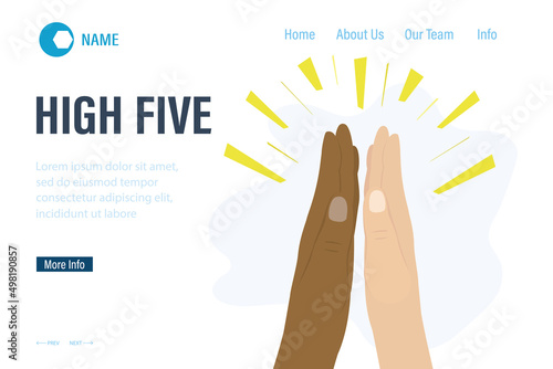 High five, landing page template. Two multiethnic hands close up. Friendship, parthnership concept.