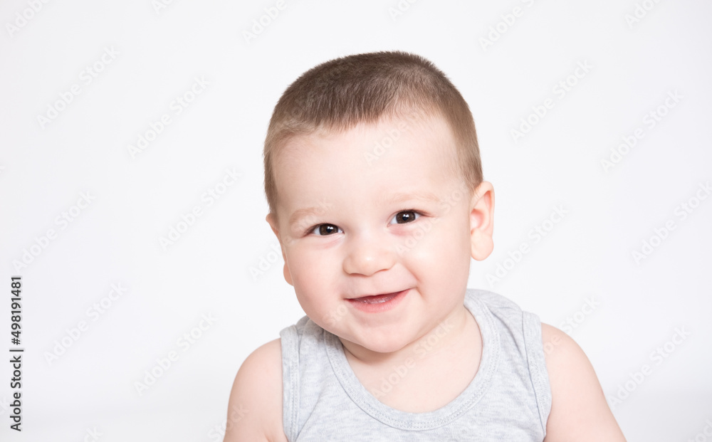 Image of cute baby boy, closeup portrait of adorable child isolated on white background, sweet toddler healthy childhood, perfect caucasian infant, lovely kid, innocence concept