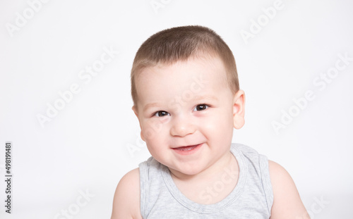 Image of cute baby boy  closeup portrait of adorable child isolated on white background  sweet toddler healthy childhood  perfect caucasian infant  lovely kid  innocence concept