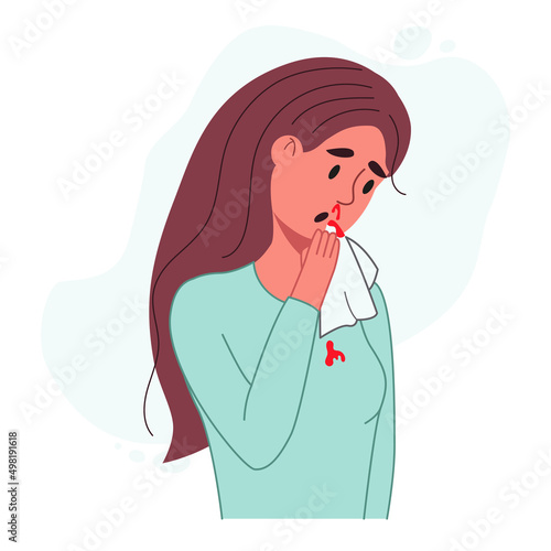 Woman has a nosebleed. Young female character tilted her head forward and applied napkin to her bloody nose. Health problem concept. Color flat vector illustration photo