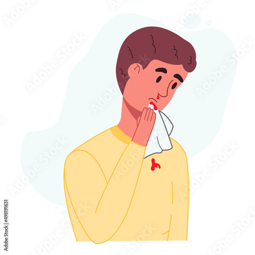 Man has a nosebleed. Young male character tilted his head forward and applied napkin to his bloody nose. Health problem concept. Color flat vector illustration