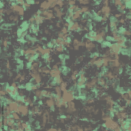 Vector digital camouflage. Green halftone dots design style for clothing print. Seamless camo pattern. Military texture in dots shape.