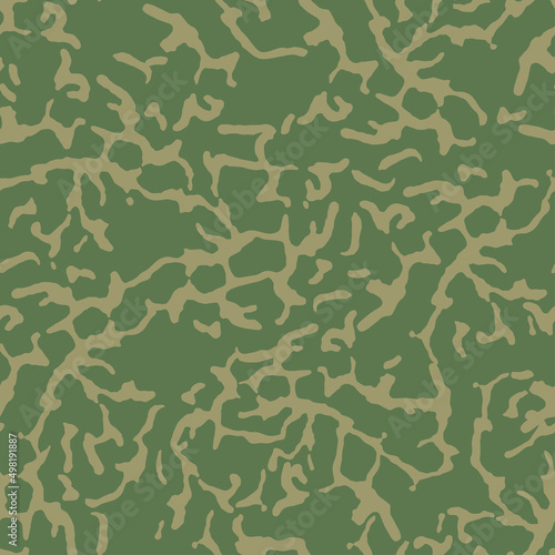 Fiber seamless camo texture. Weave pattern thread. Turing camouflage textile. Turing reaction. Organic green khaki background. Vector wallpaper urban camouflage textile