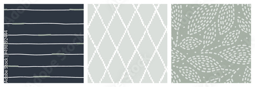 Natural olive green and black seamless pattern set with leaves, lines and diamond. Repeat design with botanical elements for bedding or kitchen textile, wallpaper or banner background in soft and calm