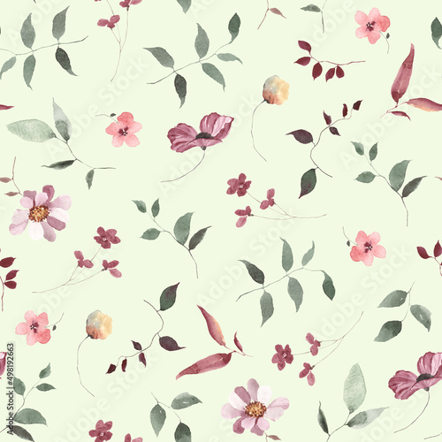 Wallpaper Mural Floral seamless pattern with flowers, branches and leaves green and burgundy colors, watercolor illustration on delicate green background, abstract floral print, garden pattern for textile. Torontodigital.ca