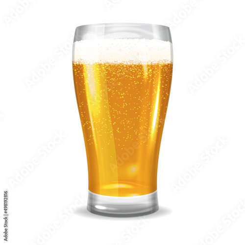 Realistic vector glass of beer with drops and gold beer bubbles, pint of light alcoholic drink. Vector illustration.