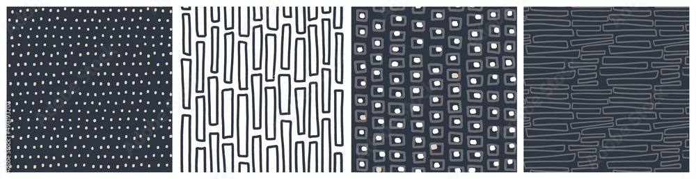 Dark masculine seamless pattern set. Black, grey and white vector design with rectangle and square irregular shapes. - obrazy, fototapety, plakaty 