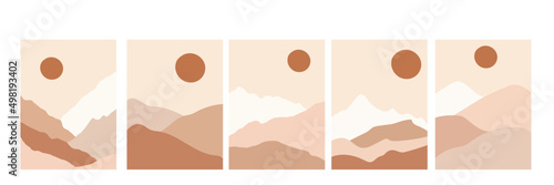 Collection of modern simple abstract landscapes in boho style: mountains and sun on a beige background