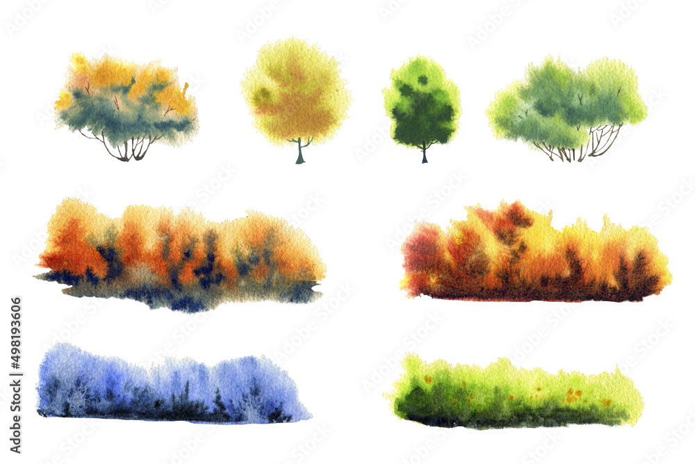 Watercolor set with colorful trees, bushes and spots in the form of a forest and a field in the distance. Suitable for postcards, invitations, stickers, business cards, greetings and your other ideas