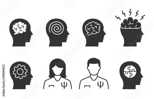 Psychotherapy icons, such as doctor, depression, mind, anxiety and more. Vector illustration.