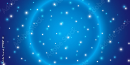 Blue space horizontal vector background with abstract planet halo and glittering shiny stars.