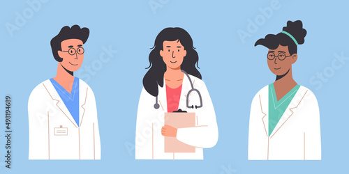 Diverse smiling doctors, nurses, paramedics. Portraits of male and female medic workers in uniform with stethoscopes and medical history notepad. Healthcare hospital therapist. Vector illustration set