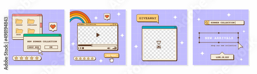 Set of vaporwave ig post templates for social media. Abstract retro 80s 90s aesthetic groovy backgrounds with old computer user interface, dialog window and nostalgic elements. Vector illustration.