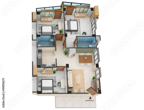 Floor plan top view. Residential apartment interior isolated on dark grey background. 3D render Isometric View