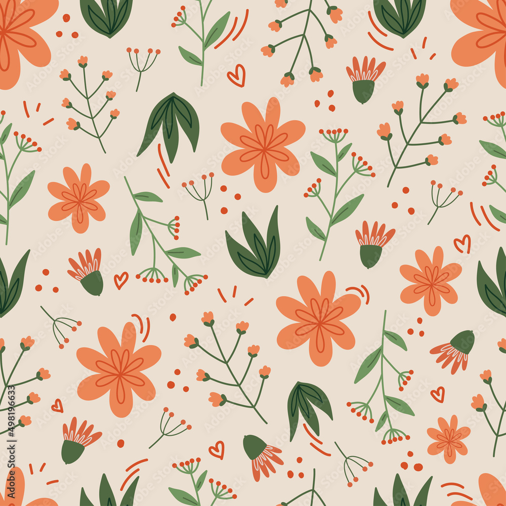 Modern seamless pattern with flowers and leaves. Botanical background Modern seamless pattern with flowers and leaves. Botanical background