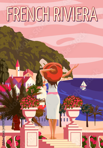 French Riviera Nice coast poster vintage. Woman on vacation, resort, coast, sea, beach. Retro style illustration vector