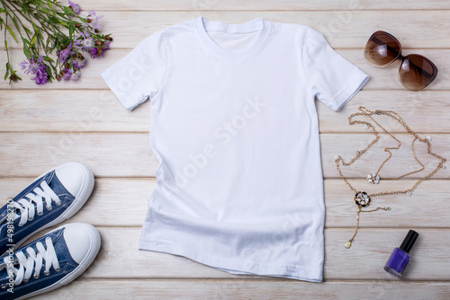 Stampa su tela Womens white T-shirt mockup with burdock flowers